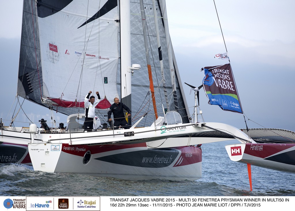 Multi 50 Fenetrea Prysmian, skippers Erwan Le Roux (FRA) and Giancarlo Pedote (ITA), winner in Multi 50 category in 16d 22h 29mn 13 sec during the Transat Jacques Vabre sailing race arrivals  on november 11, 2015 in Itajai, Brazil - Photo Jean Marie Liot / DPPI