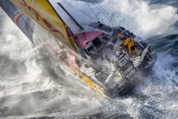 March 19, 2015. Abu Dhabi Ocean Racing tackles steep and angry seas as they pass East Cape, the eastern-most point of New Zealand